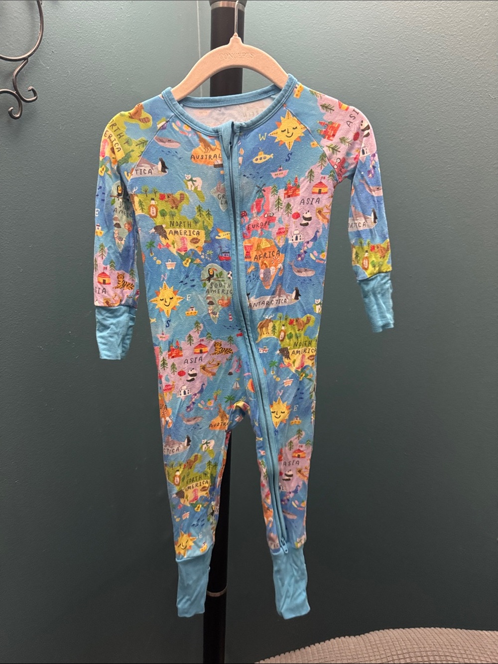 Little Sleepies Blue World Map Zippy. Size 6-12 Months. Gently Used Condition.